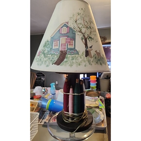 Handmade Folk Art Lamp Rustic Wood Base Textile Spools Painted Cottage Shade - Picture 1 of 13
